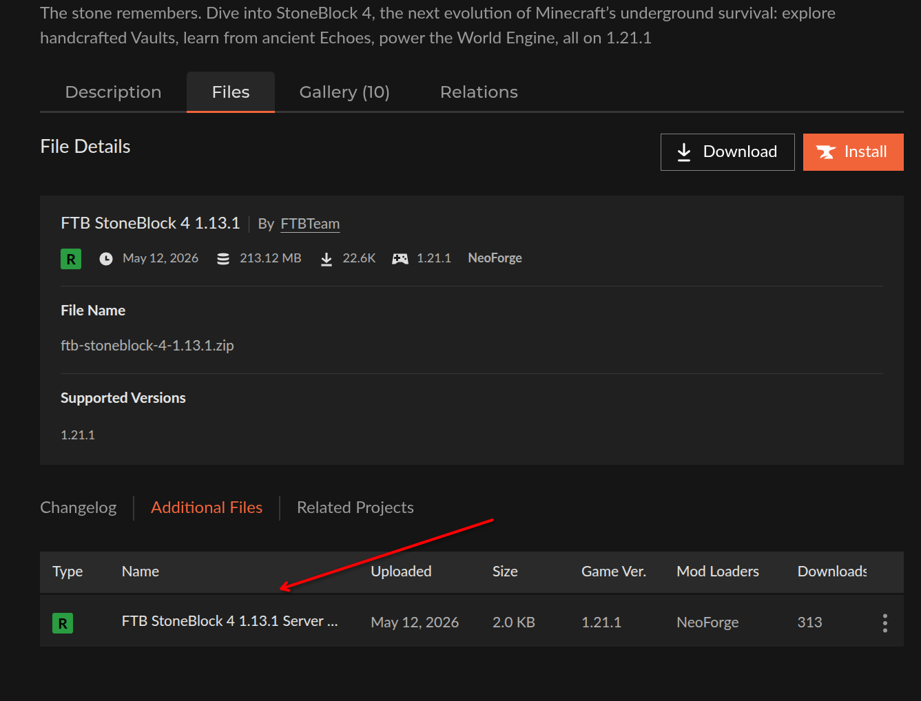 Server pack download under the Additional Files section on CurseForge