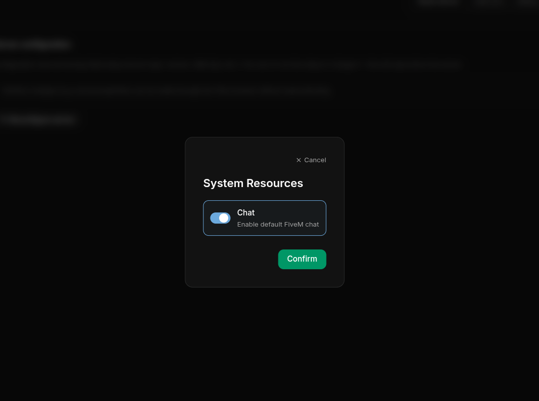 FiveM system resources modal with the default chat toggle