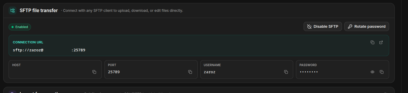 SFTP file transfer panel under the Data Volume tab